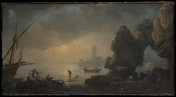 Style of Joseph Vernet:Harbor Scene with a Grotto and Fisher-16x12"(A3) Poster