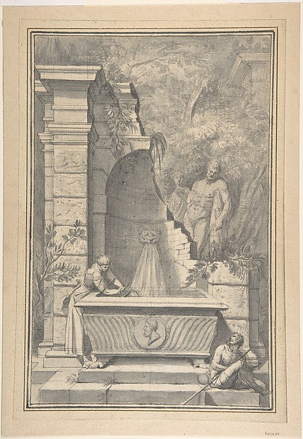 A Woman at a Fountain by a Ruined Temple  the Farnese Hercules, Poster Print