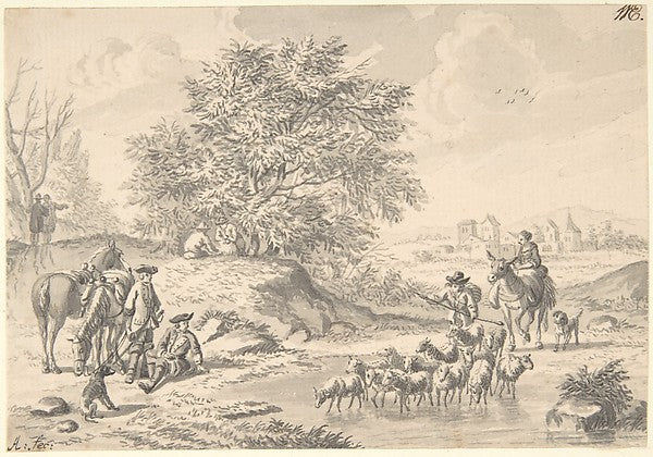 Landscape with Resting Cavaliers and a Shepherd with his Flock,16x12"(A3) Poster