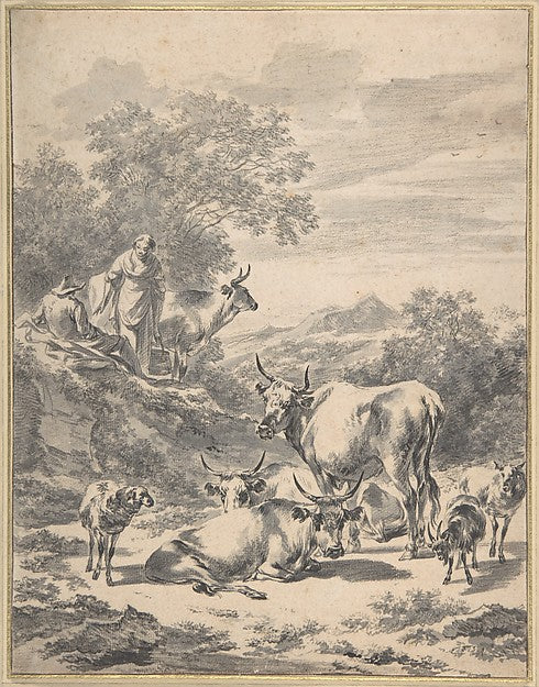 Herdsmen with Cattle and Sheep in Italianate Landscape mid-17t, Poster Print