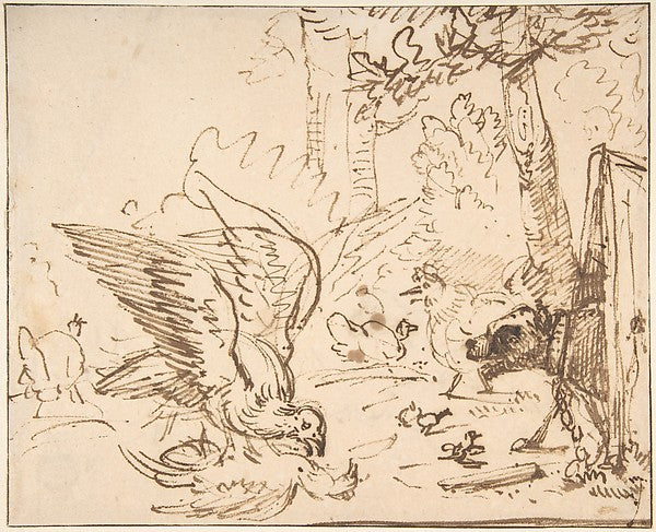 Barnyard Scene: two birds fighting Studies of Birds mid-17th c,16x12"(A3) Poster