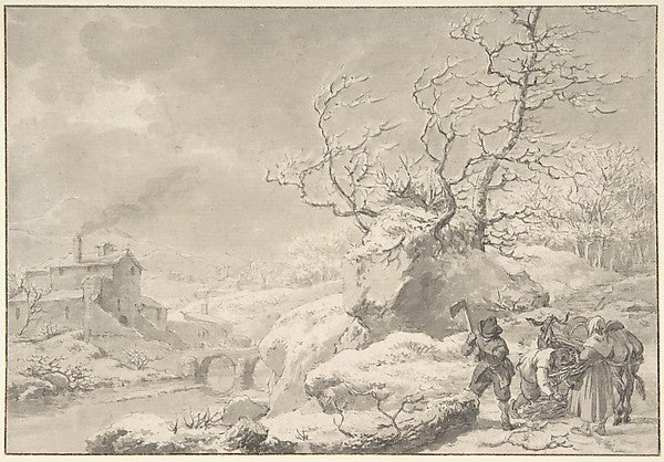 Winter Landscape with Peasants Gathering and Chopping Wood 178,  Poster Print Wall Art