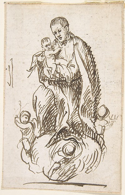 Male Saint Standing on Cloud  Supported by Putti  Holding Infa,  Poster Print Wall Art