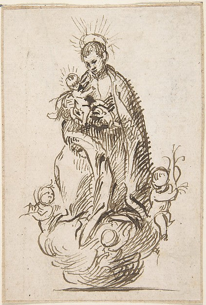 Male Saint Standing on Clouds Supported by Putti  Holding Infa,  Poster Print Wall Art