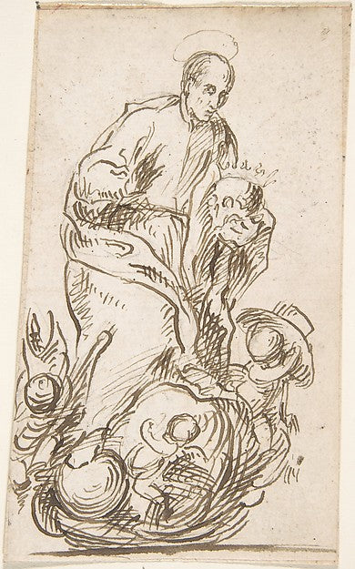Male Saint Standing on Clouds with Putti 17th cent-Anonymous,,  Poster Print Wall Art