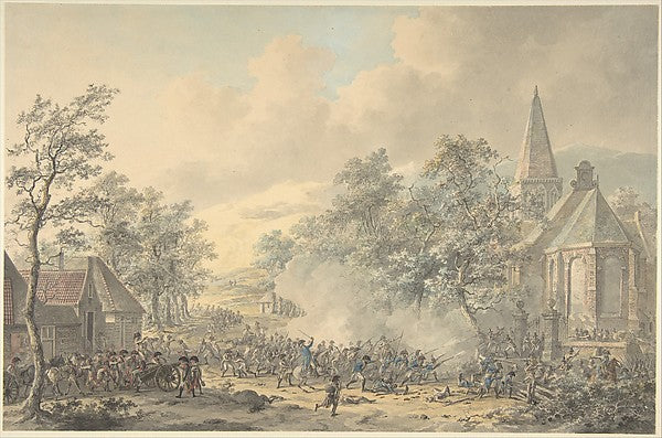 Battle Scene with Church at right c1790–1800-Dirk Langendijk, Poster Print