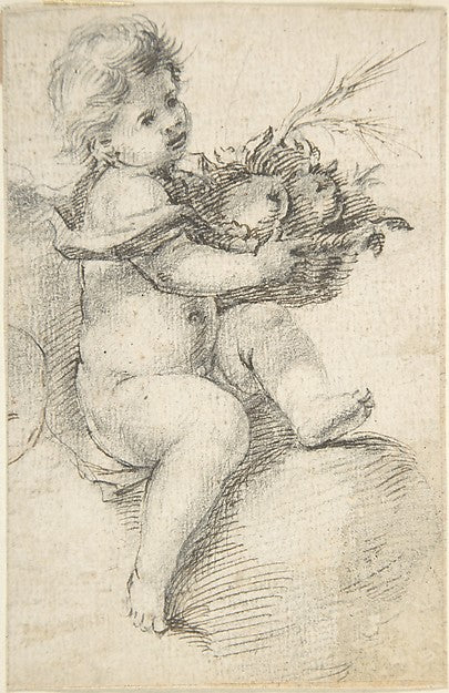 Seated Putto Holding a Basket of Fruit 17th cent-Anonymous, Sp,  Poster Print Wall Art