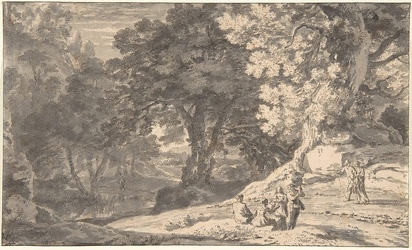 A Wooded Landscape with Travellers by the Roadside  a Stream b,  Poster Print Wall Art