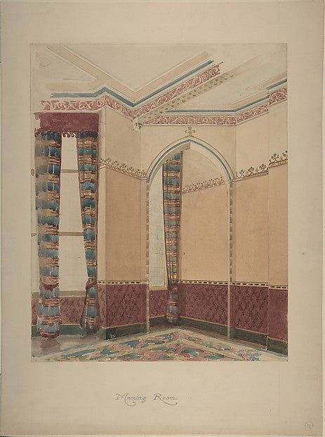 Interior of a Morning Room with Wainscoting  Striped Curtains,  Poster Print Wall Art