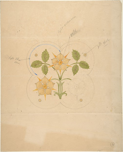 Quatrefoil Ornament with Yellow Flowers and Green Leaves 19th,  Poster Print Wall Art