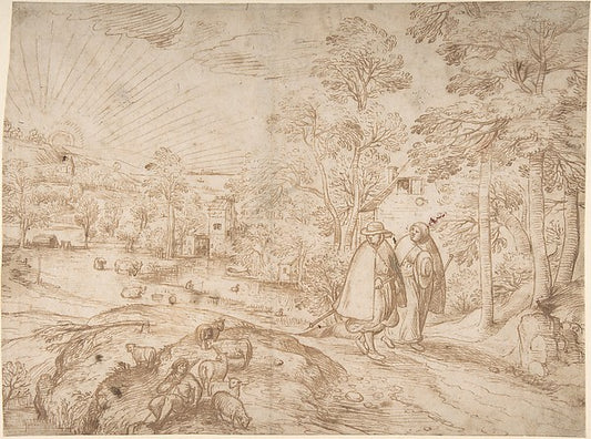 Landscape with Two Pilgrims Walking Along a Road 16th cent-Att,16x12"(A3) Poster