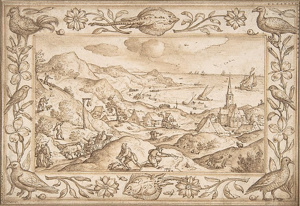 Hilly Coastal Landscape with Hunters  with an elaborate border,  Poster Print Wall Art