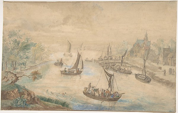 Landscape with River in the Center  with Ferryboat 18th cent-A,  Poster Print Wall Art