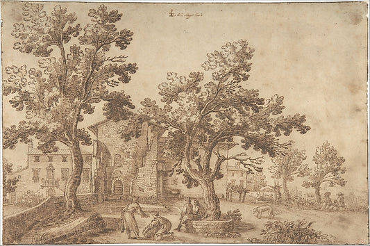 A View of a Village with Figures. 1624-Remigio Cantagallina,16x12"(A3)Poster
