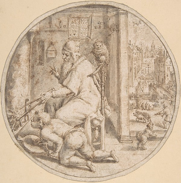 December: And Old Man Seated by a Hearth with a Young Man Blow, Poster Print