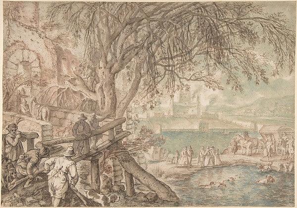 Huntsmen and Company Observing Dogs Retrieving Ducks in a Pond, Poster Print
