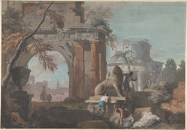 Capriccio with Roman Ruins 1676–1730-Marco Ricci ),  Poster Print Wall Art