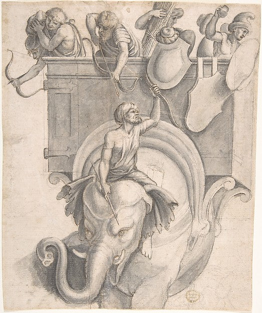 Battle Scene with Soldiers Mounted on an Elephant. 1550–1650-A,  Poster Print Wall Art