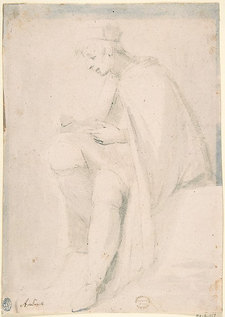 Man Seated  Writing on His Knee 16th cent-Anonymous, Italian,,  Poster Print Wall Art