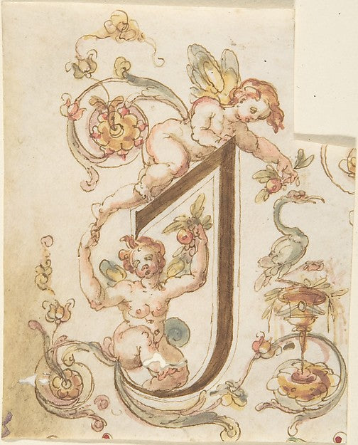 Decorative Letter "I" with Putti  16th cent-Anonymous, Italian, Poster Print