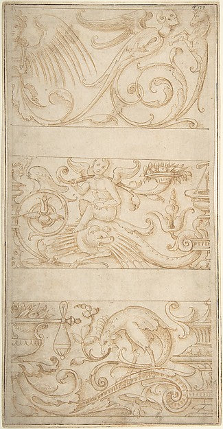 Antique-Style Ornamental Frieze Designs -  Grotesques with Winge,  Poster Print Wall Art