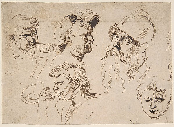 Sheet of Studies of Heads 1615–41-Anthony van Dyck,  Poster Print Wall Art