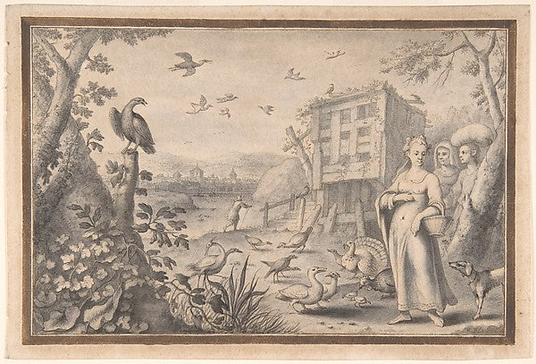 Landscape with Three Figures and Birds mid 17th–late 17th cent,  Poster Print Wall Art