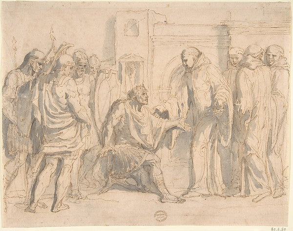 Saint Benedict and King Totila 17th cent-Anonymous, Italian, R,16x12"(A3) Poster