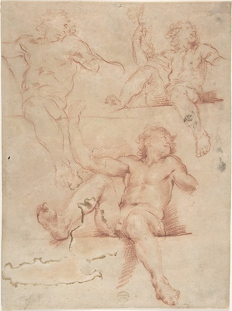 Three Studies of Seated Nude Male with Raised Arm  Seen from B,  Poster Print Wall Art