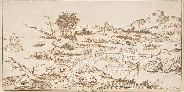 Landscape With Figures Crossing a Bridge 17th cent-Anonymous,,16x12"(A3) Poster