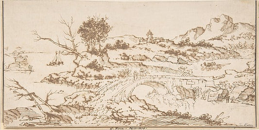 Landscape With Figures Crossing a Bridge 17th cent-Anonymous,,16x12"(A3) Poster