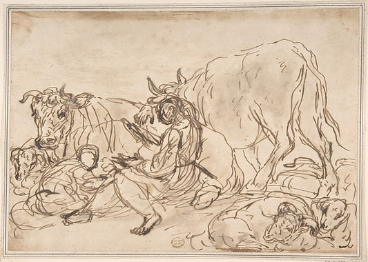 Figures with Cattle 17th cent-Anonymous, Italian, Roman-Bologn,16x12"(A3) Poster