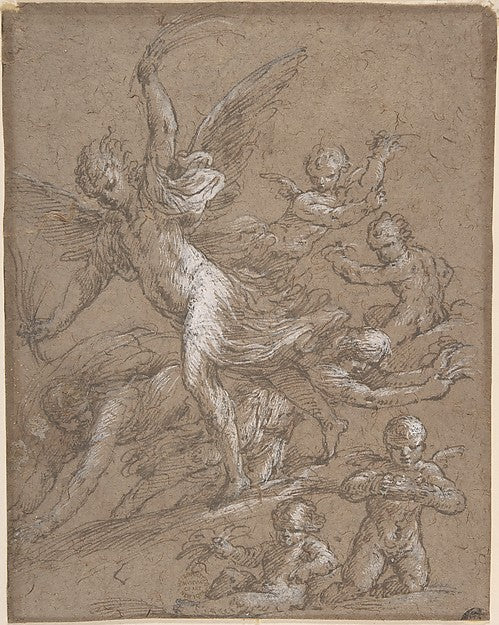 Angels and Putti 17th cent-Anonymous, Italian, Roman-Bolognese,16x12"(A3) Poster