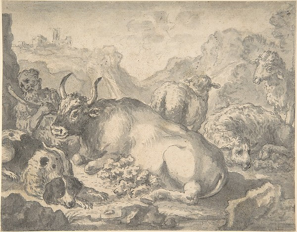 Sheperd with his Flock and a Dog 16th cent-Anonymous, Flemish,,16x12"(A3) Poster