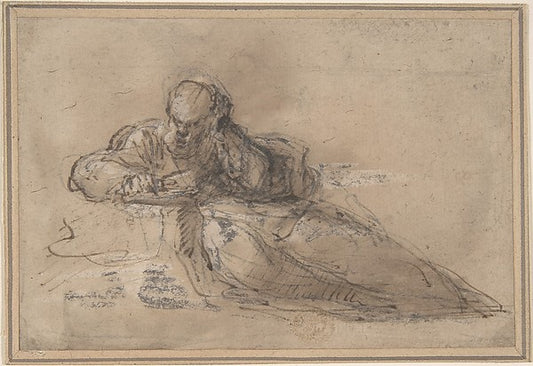 Man Seated on the Ground  Writing 17th cent-Anonymous, Italian,16x12"(A3) Poster