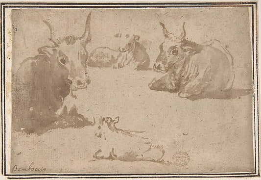 Studies of Cattle 17th cent-Anonymous, Italian, Roman-Bolognes,16x12"(A3) Poster