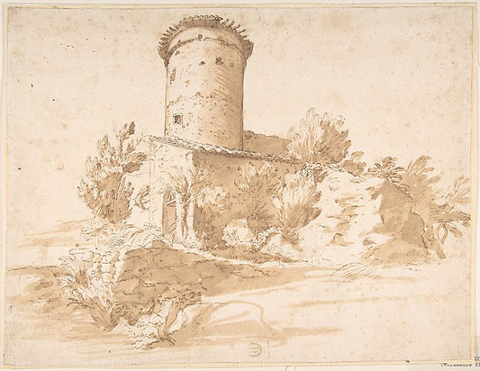 Landscape with Cylindrical Tower 17th cent-Anonymous, Italian,,16x12"(A3) Poster