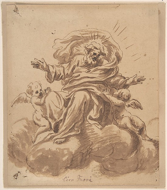 God the Father Seated on a Cloud  Flanked by Two Putti 17th ce,16x12"(A3) Poster