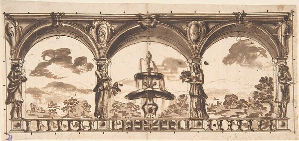 Loggia with Caryatids before a Fountain and Landscape 17th cen,16x12"(A3) Poster