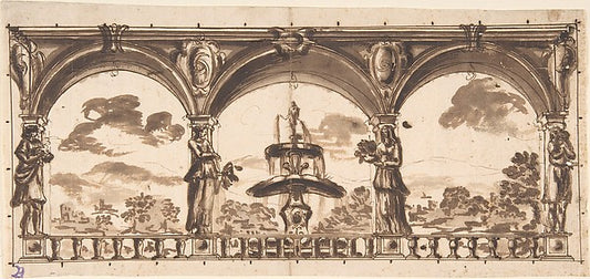 Loggia with Caryatids before a Fountain and Landscape 17th cen,16x12"(A3) Poster