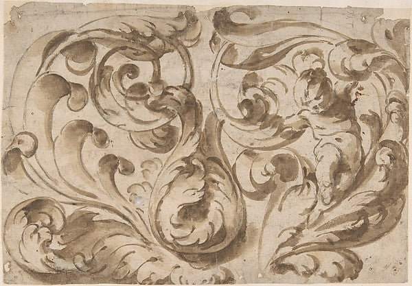Overall Pattern with Acanthus Scrolls and a Chubby Putto 17th , Poster Print