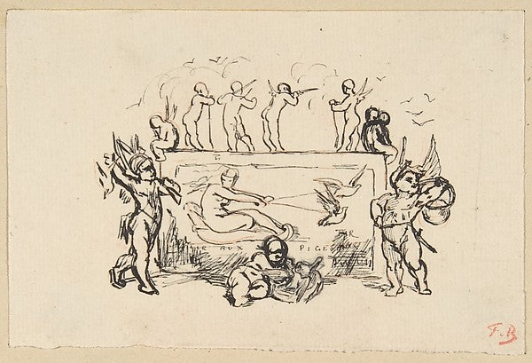 Putti grouped around a rectangular panel-Félicien Rops,  Poster Print Wall Art