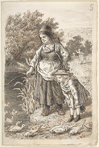 Woman and Child by a Duck Pond 1835–1903-Lorenz Frølich,  Poster Print Wall Art