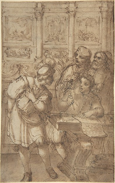 Architect in His Study Holding a Compass and Conversing with T,16x12"(A3) Poster