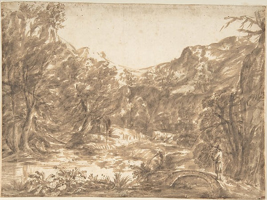 Landscape with Figure Standing on a Bridge 17th cent-Anonymous,16x12"(A3) Poster