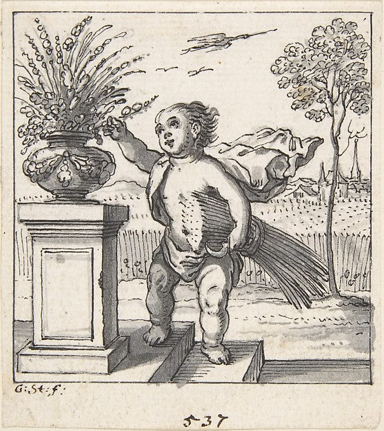Design for an Emblem with a Child Picking Flowers 1633–75-Geor,  Poster Print Wall Art