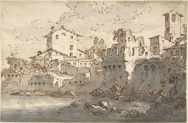 Houses by a River 1703–66-Anonymous, Italian, Venetian, 18th c,16x12"(A3) Poster
