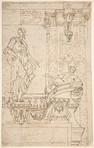 Sketch of Balcony and Pier  With Standing Female and a Reclini,16x12"(A3) Poster