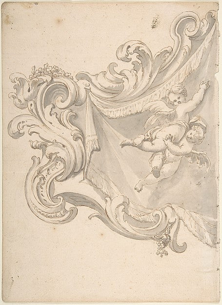 Design for a Crest with Drapery and Two Putti 1700–1780-Anonym,16x12