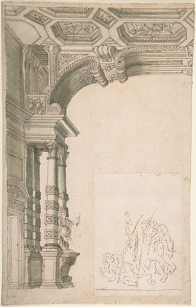 One Half of a Design for an Arch  With a Figural Sketch Pasted,16x12"(A3) Poster